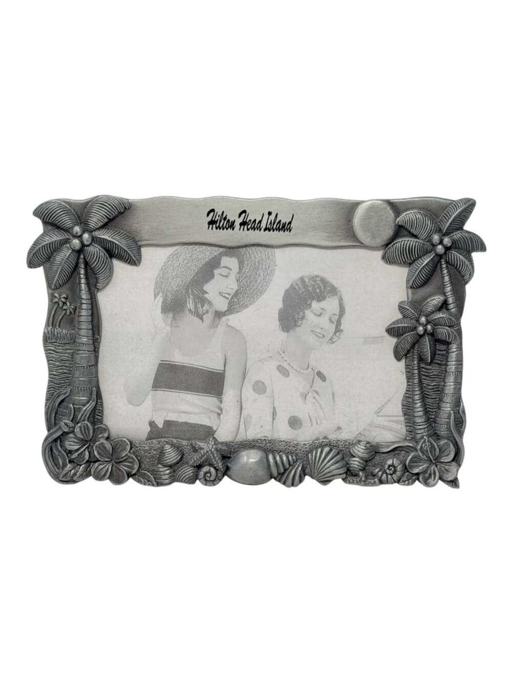 Hilton Head Island Pewter Frame Coastal Palm Shell 4x6 Landscape 1990s